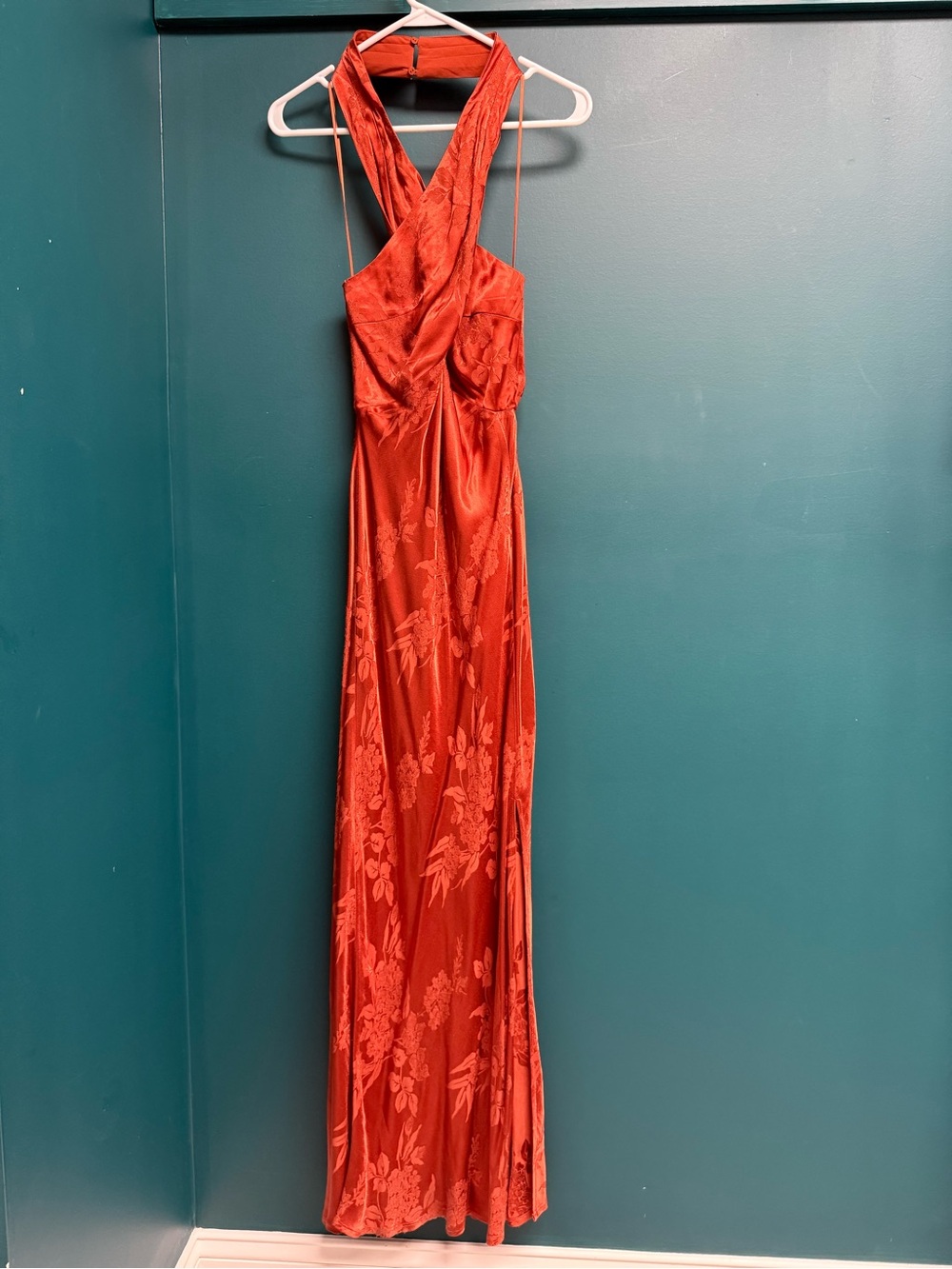 Astr Cross-Back Satin Maxi Dress in Rust